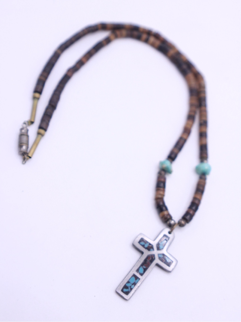 Vintage Southwestern Coconut Shell Heishi Bead & Turquoise Cross Necklace